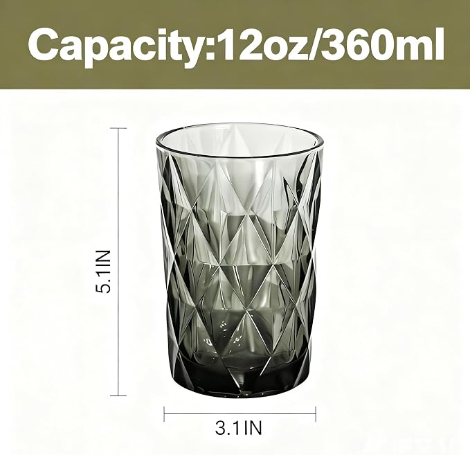 Bandesun Drinking Glass set of 6 Diamond Pattern Kitchen Glassware Tumbler（12 - Image 2