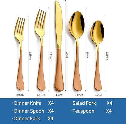 20-Piece Orange & Gold Silverware Set, 18/0 Stainless Steel Colorful Handle Flatware Set,Service for 4,Modern Cutlery Set Includes Dinner Knives Forks Spoons,Mirror Polished,Dishwasher Safe