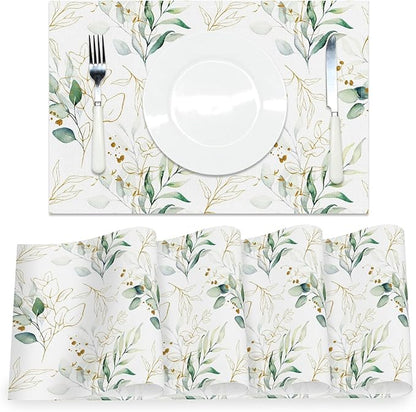 Leaves Printed Placemats Set of 4 Watercolor Sage Green Gold Branch Place Mats Washable Rectangular Spring Table Mats for Party Home Kitchen Restaurant Dining Table Decor 12x18 Inch