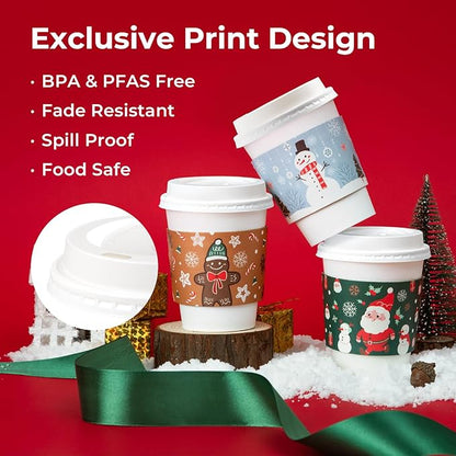 Fit Meal Prep 50 Pack 12 oz Christmas Disposable Coffee Cups with Lids, Sleeves, Leak-Proof To Go Coffee Cups with Lids, Durable Holiday Hot Paper Cups for Home, Office, Party, Business