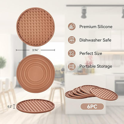 Coasters for Drinks, Silicone Coasters Set of 6 with Metal Holder, Outdoor Coaster for Coffee Table, Non-Slip Rubber Table Cup Mat Desk, Heat Resistant & Scratch-Proof (Tawny)