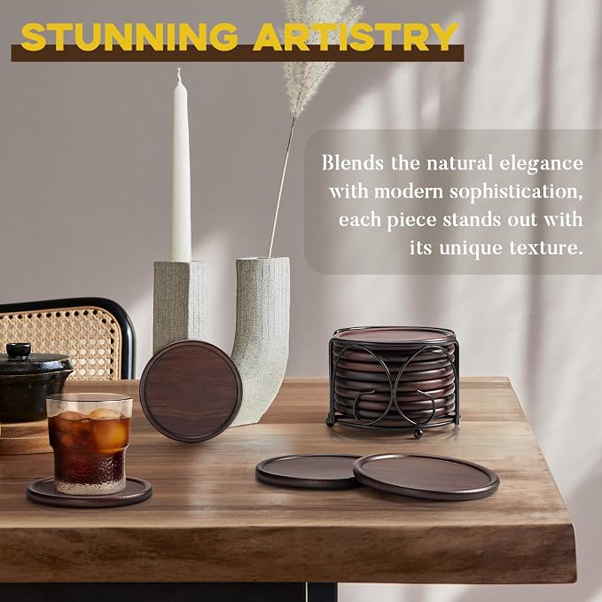 Wood Coasters with Holder, GOH DODD Set of 8 Walnut Wooden Coaster Tabletop - Image 3