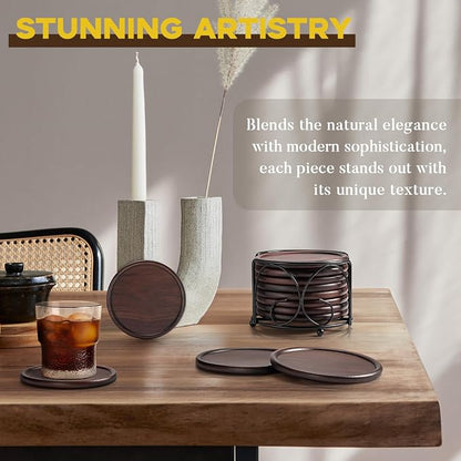 Wood Coasters with Holder, GOH DODD Set of 8 Walnut Wooden Coaster Tabletop - Image 3