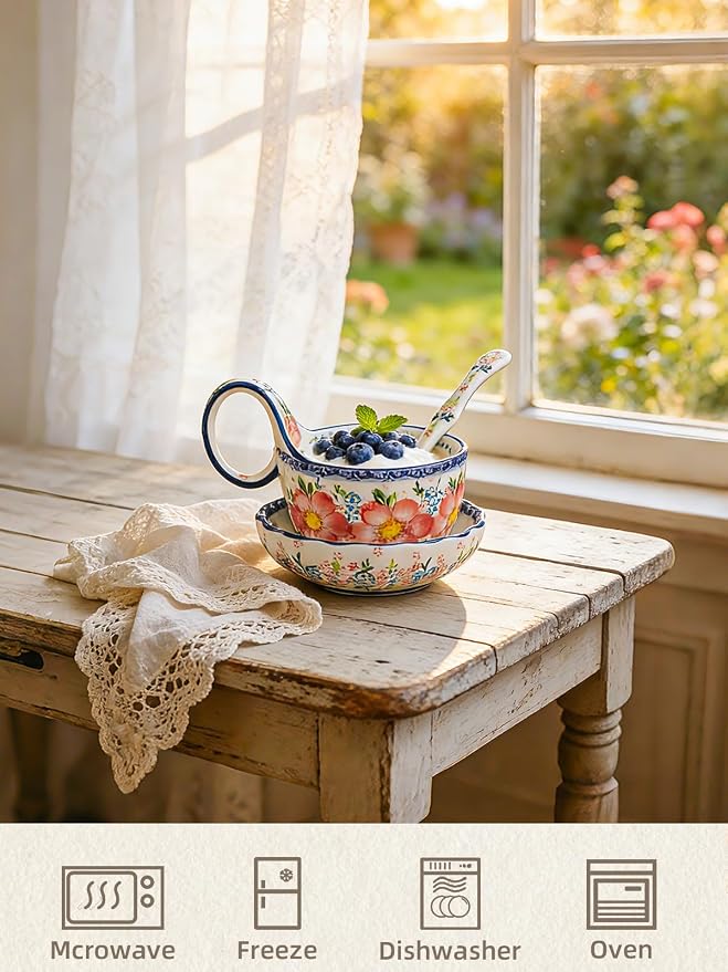 silesia Handmade Loop Handle Soup Bowl, Plate and Spoon Set Ceramic Hand - Image 3