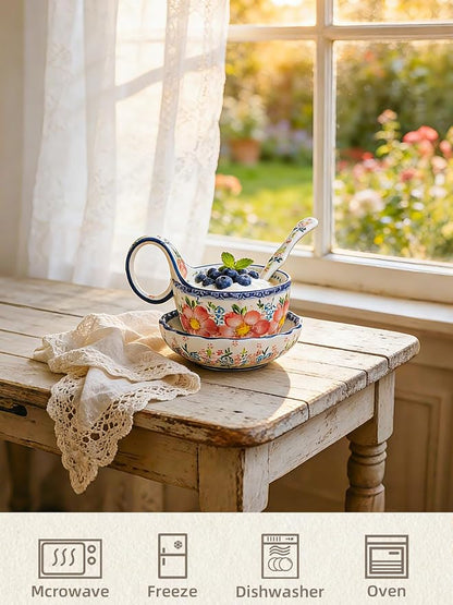silesia Handmade Loop Handle Soup Bowl, Plate and Spoon Set Ceramic Hand - Image 3