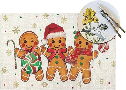 Christmas Place mats Set of 4,12x18 Inches Brown Gingerbread Man Decorative Christmas Decor Placemats Rectangle Winter Table Mats for Party Home Kitchen Dining Table Decoration