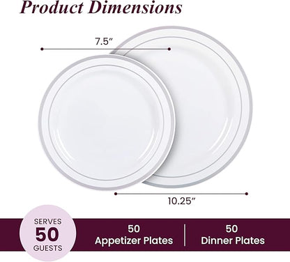 Aya's 100 Silver Rimmed Disposable Plates Set, Heavy Duty - 50 Dinner and 50 Dessert Plastic Plates for Party - Elegant White and Silver Design, Durable Tableware for Weddings, Events and Celebrations