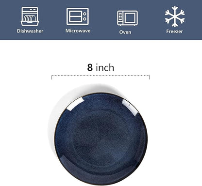 vicrays Ceramic Round Plates Set of 6 - Porcelain 8 inch Dinner Plates for Salad Dessert Appetizer Bread - Microwave Oven and Dishwasher Safe - Blue