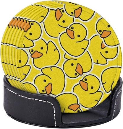 Drink Coasters with Holder Stand Set of 6 Yellow Ducks Pattern Drawing Pu - Image 2