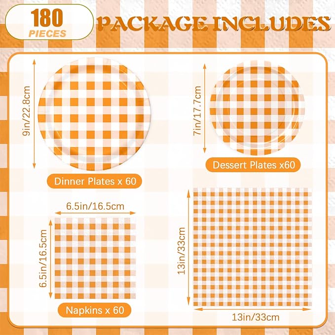 180Pcs Orange Gingham Party Supplies Paper Plates and Napkins Serve 60 | - Image 2