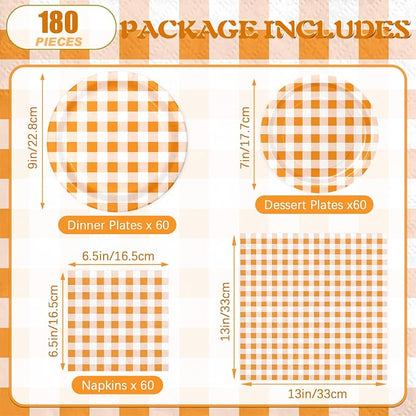 180Pcs Orange Gingham Party Supplies Paper Plates and Napkins Serve 60 | - Image 2