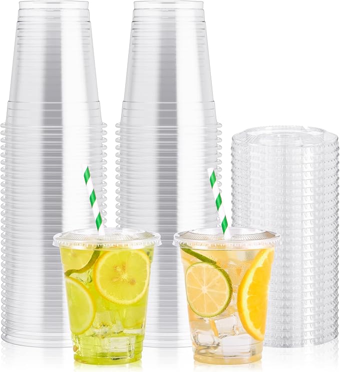 12 oz Clear Plastic Cups with Flat Slotted Lids, Disposable Drinking Party Cups by JOLLYPARTY