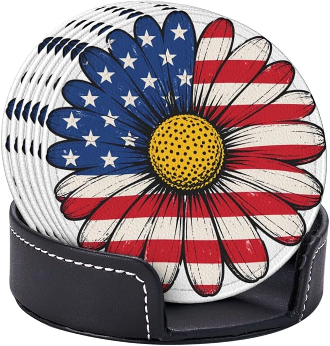Patriotic American Flag Daisy Floral Leather Coasters Set of 6 - Image 2