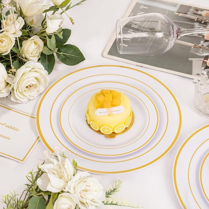NOCCUR 200PCS Gold Plastic Plates - 100 Dinner / 100 Dessert Disposable Plates Heavy Duty - Ideal for Wedding/Party/New Year