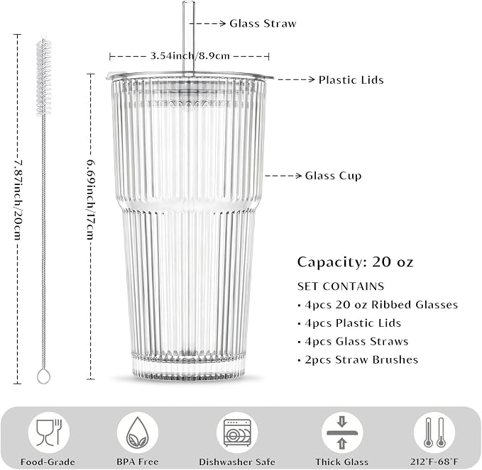 INSETLAN 20 oz Ribbed Glass Tumblers - Image 2