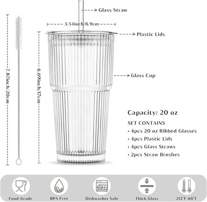 INSETLAN 20 oz Ribbed Glass Tumblers - Image 2