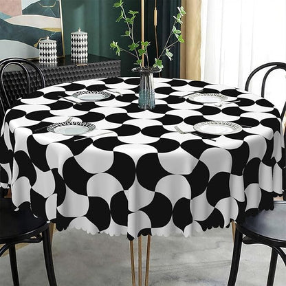 Laeacco 54 Inch Geometric Round Tablecloth Black and White Abstract Pattern Modern Art Print Table Cloth Washable Waterproof Wrinkle Free Table Cover for Kitchen Dining Picnic Party Decoration