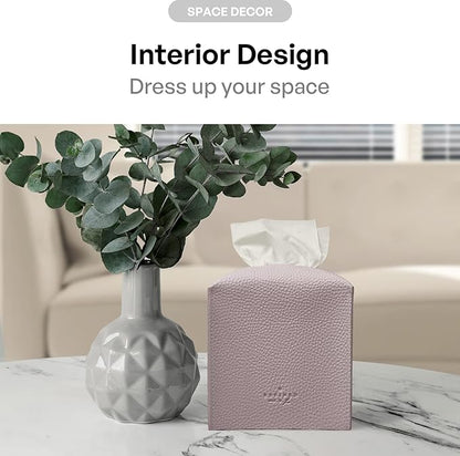 Carrotez Tissue Box Cover, [Refined] Modern PU Leather Square Tissue Box Holder - Decorative Holder/Organizer for Bathroom Vanity Countertop, Night Stands, Office Desk & Car 5"X5"X5" - Lavender