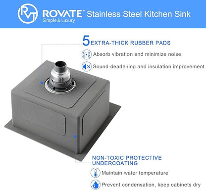 ROVATE 18 × 18 x 9 inch Drop in Kitchen Sink, 304 Stainless Steel Top-mount Kitchen Bar Sink Single Bowl, Small Overmount Handmade Bar Sinks with Basket Strainer