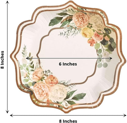 50 Pack 8" White/Rose Gold Floral Print Scallop Rim Dessert Plates, Disposable Round Paper Appetizer Salad Plates 300 GSM for Party Decoration
