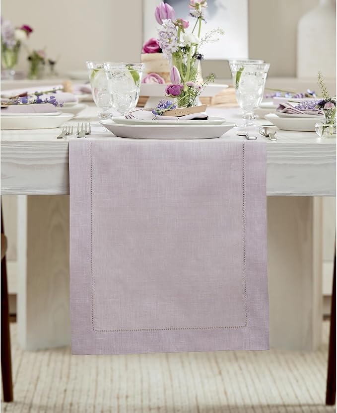 Solino Home 100% Linen Table Runner Lilac, Classic Hemstitch 14 x 156 in | by SolinoHome