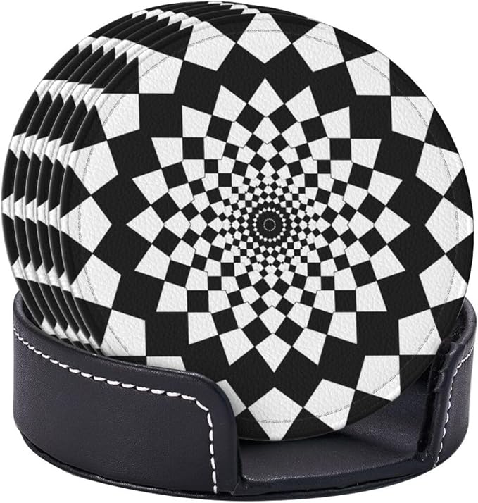 Drink Coasters with Holder Stand Set of 6, Mandala Chessboard Pu Leather - Image 2