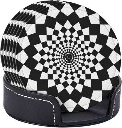 Drink Coasters with Holder Stand Set of 6, Mandala Chessboard Pu Leather - Image 2