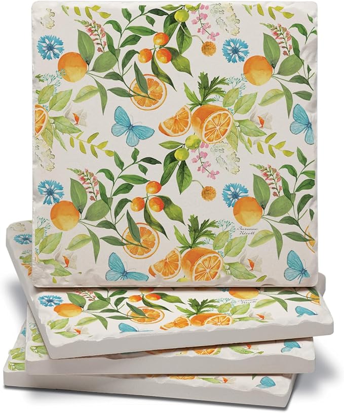 Thirstystone Sweet Clementine 4 Pack Tumbled Tile Stone Coasters | 4" Square by CounterArt