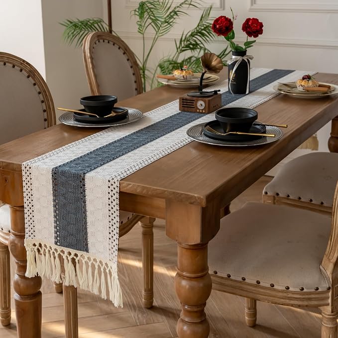 EMMTEEY Boho Table Runner with Tassels 108 Inches Long, Stone Blue | Handmade - Image 4