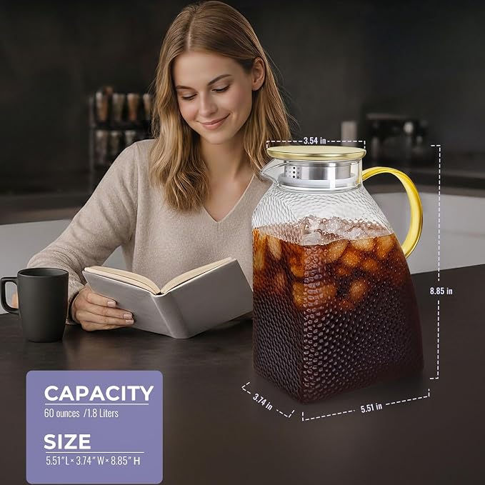 Glass Pitcher With Lid and Spout, 1.8 Liter 60 oz Glass Pitchers With Handle - Image 3