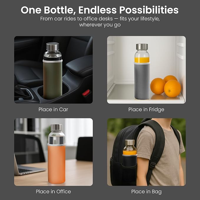 Epica Clear Glass Bottles with Lids, 18 oz Water Bottles, with sleeves | - Image 9