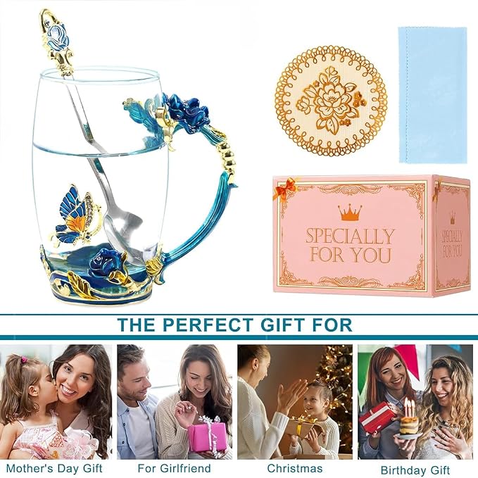 Birthday Gifts For Women, Butterfly Flower Glass Tea Cup Sky Blue Rose Coffee - Image 5