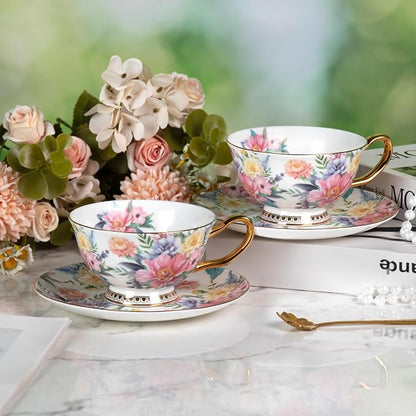 KAMMAK Tea Cups and Saucers Set of 2, Porcelain Coffee Cups, JBE018 | Stackable - Image 7