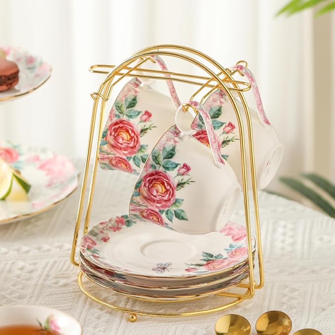 15 Piece British Bone China Tea Cup Sets, Elegant red Rose Pattern, Cups and - Image 4