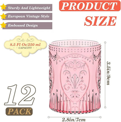 Qinyoung 12 Plastic Vintage Drinking Glasses 8.5oz Stemless Retro Embossed Wine - Image 3
