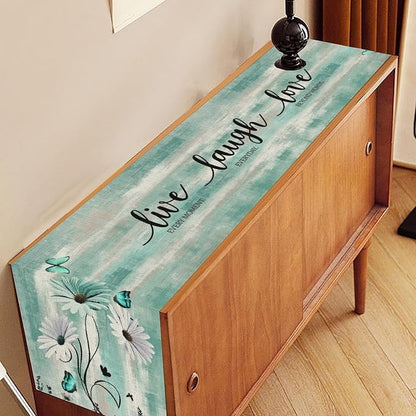 Daisy Floral Table Runner, Spring Summer Teal Floral Flower Boho Butterfly - Image 2