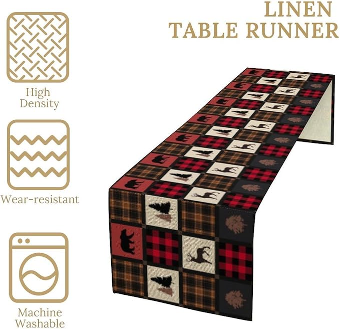 Rustic Bear Table Runner, Vintage Cottage Country Style Pine Tree Elk Wildlife - Image 5