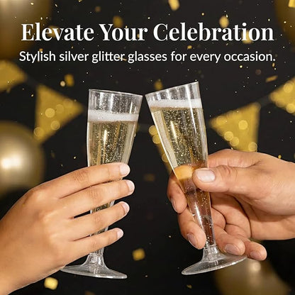 Prestee 200 Disposable Champagne Flutes Plastic 200 Pack - Silver Glitter Champagne Flutes for Weddings, Parties, and New Year’s Eve - 4.5 Oz Plastic Silver Party Glasses