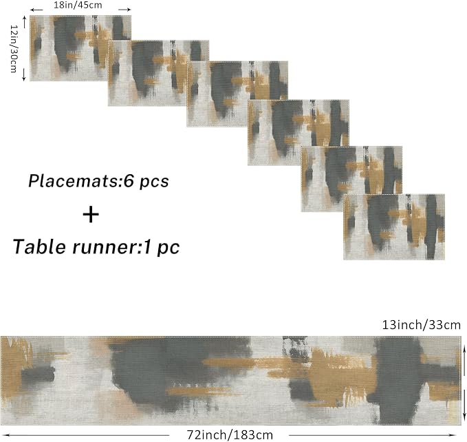 Emvency Table Runner and Placemats Set of 6, Abstract Vintage Gray | Brown Art - Image 2