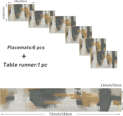 Emvency Table Runner and Placemats Set of 6, Abstract Vintage Gray | Brown Art - Image 2