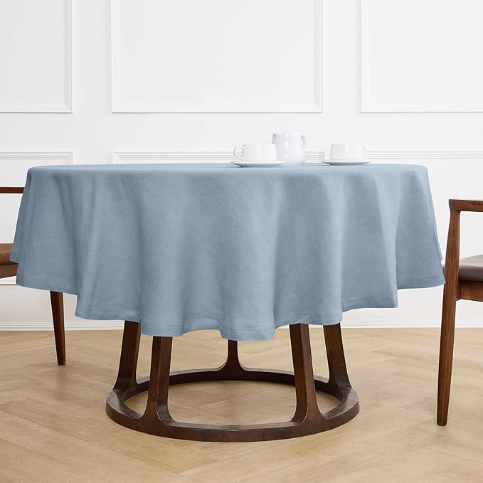 Solino Home Linen Round Tablecloth 70 Inch - 100% Pure Linen Dusty Blue Round Tablecloth - Machine Washable Table Cloth for Winter, Spring, Easter - Sonoma
