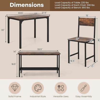 NAFORT Dining Table Set for 4 with Bench, Industrial Kitchen Table and Chairs, Rustic Brown Wood & Black Metal 4-Piece Dining Set for Apartment, Small Space, Kitchen & Dining Room