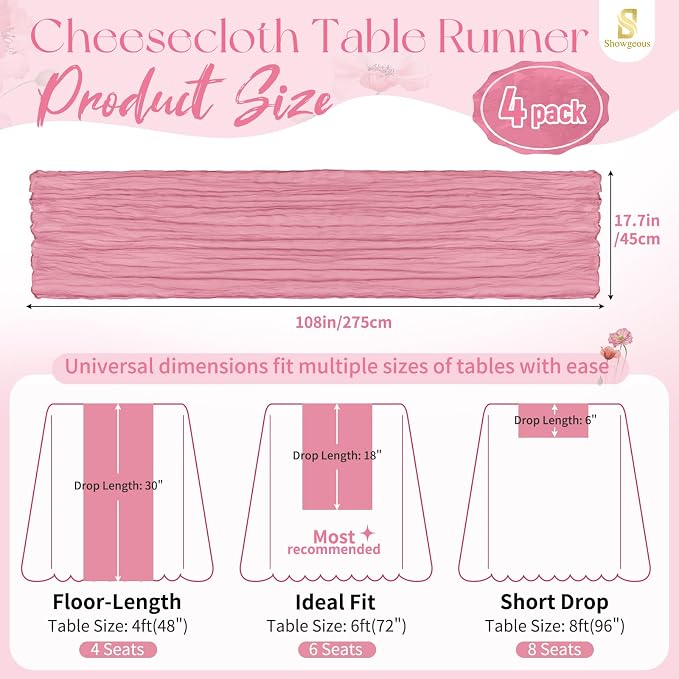 Showgeous 4 Pack Dusty Rose Cheesecloth Table Runner, 17 x 108 Inches | Boho - Image 2