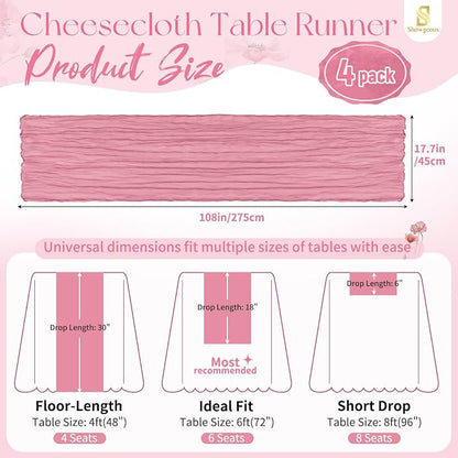 Showgeous 4 Pack Dusty Rose Cheesecloth Table Runner, 17 x 108 Inches | Boho - Image 2