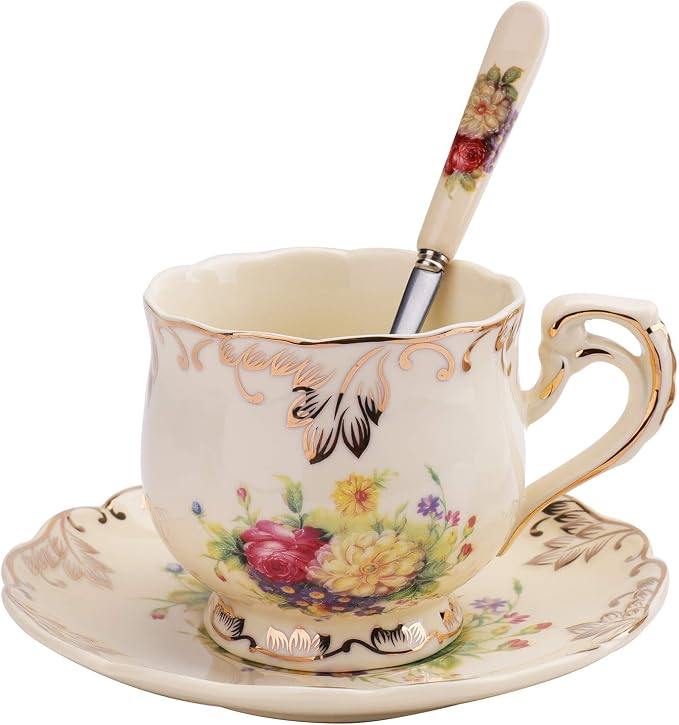 Foraineam Set of 2 Tea Cup and Saucer, 8 oz. Flowering Shrubs Ivory Ceramic - Image 3
