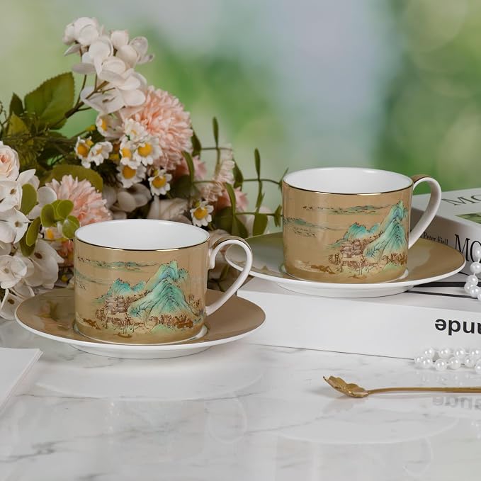 KAMMAK Tea Cups and Saucers Set of 2, Porcelain Coffee Cups, JBE009 | Stackable - Image 7