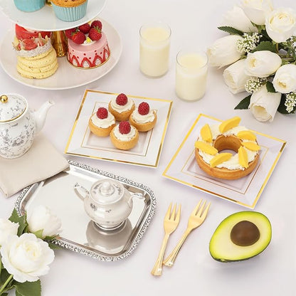 WDF 200PCS Gold Plastic Dessert Plates with Plastic Forks -6” 100 Square Disposable Appetizer Plates Small Plate Cake Plate &100 Gold Small Appetizer Forks for Daily Using Thanksgiving