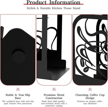 Modern Standing Napkin Holder for table, Black Metal Napkin Dispenser, Coffee time Theme Style Napkin Holder, Suitable for Kitchen, Coffee Shop, Dining Room