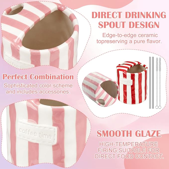 2 Pack Ceramic Coffee Mug with Sip Hole Espresso Cup 10oz with Straws Retro - Image 3