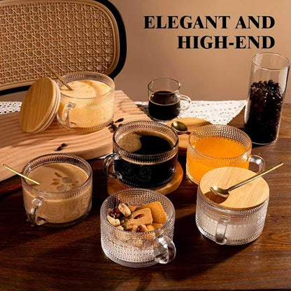 6 PACK Vintage Glass Coffee Mugs 14oz Clear Embossed Tea Cup Set - Image 7